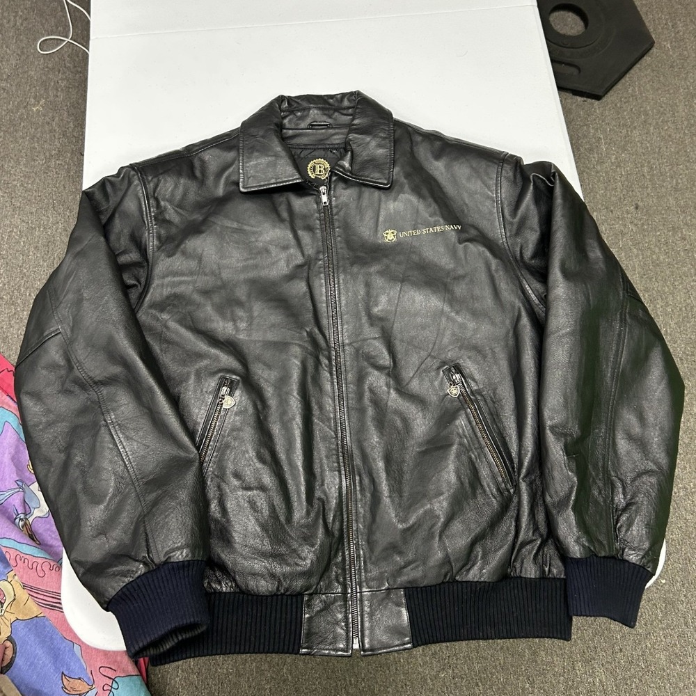Bradford Exchange Leather Bomber Jacket Mens XL Black US Navy Eagle Graphic A5